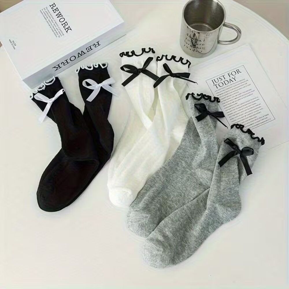 3 Pair Black-White-Gray Scallop Top Ruffle with Black Trim & Bows Mid-Calf Socks